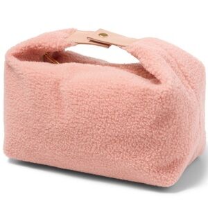 💖 NEW Pink Shearling Zipper Cosmetic Bag with Convertible Snap Closure Handle 💖